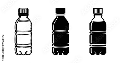 Set of three plastic water bottle illustrations in different styles