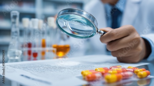 Doctor Studying Pharmaceutical Law with Magnifying Glass in Lab