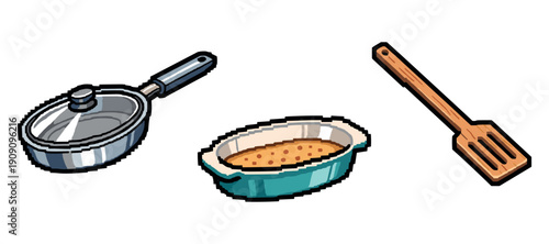 Pixel art kitchen utensils: frying pan, baking dish, wooden spatula. Not editable stroke