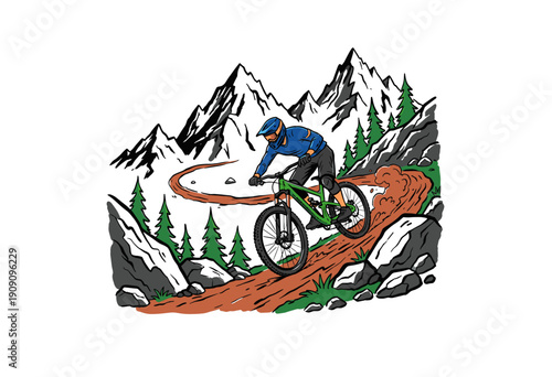 Mountain bike downhill artwork for apparel. Outdoor sport adventure graphic design. Extreme dirt cycling logo design. Mountain trail aggressive rider
