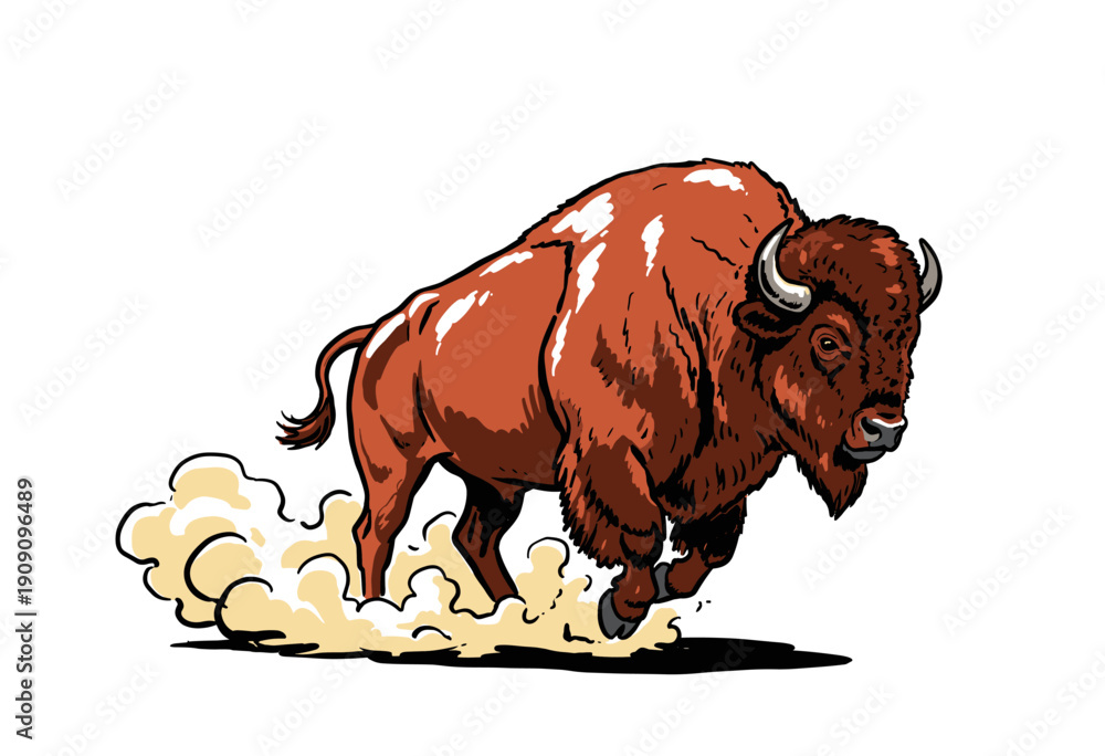 Obraz premium Bison running vector artwork design for t-shirt. Wild buffalo charging mascot logo. American Bison vintage illustration. Wildlife graphics print desig