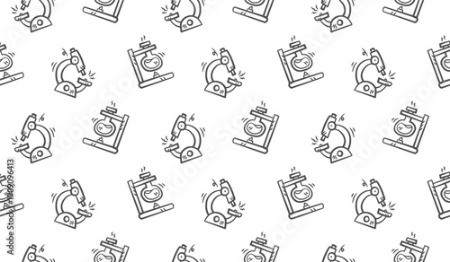Laboratory doodle background. Science lab objects pattern background. Chemistry education seamless pattern background. Physics hand drawn seamless pattern with flask, microscope, beaker, liquid.
