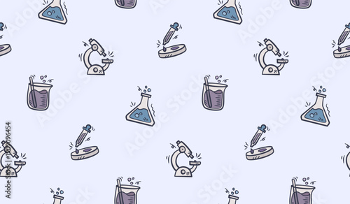 Laboratory doodle background. Science lab objects pattern background. Chemistry education seamless pattern background. Physics hand drawn seamless pattern with flask, microscope, beaker, liquid.