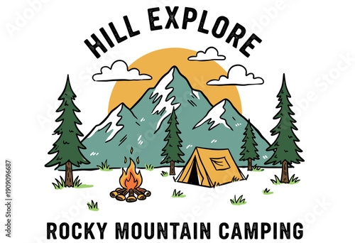 Mountain illustration, outdoor adventure for t-shirt. Rocky Mountain camping vintage logo. Hill explore apparel design vector. Tent campfire graphic p