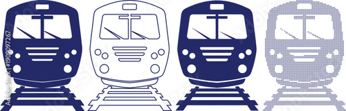 Train locomotive icons on tracks displaying solid line and pointillism styles for railway and public transit design