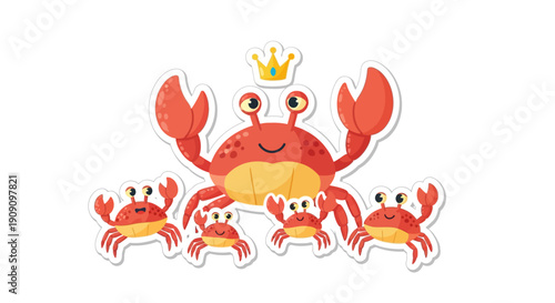Adorable Crab Family Wearing Crown, Cartoon Style Sticker Illustration