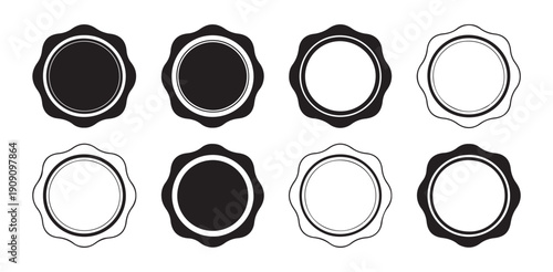 Eight ornate wavy edge round badges stamps seals and labels design elements vector collection