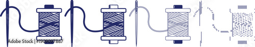 Sewing needle and thread spool icons in different styles from solid fill to detailed outline graphics