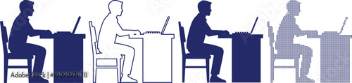 Office worker sitting at desk with laptop computer icon group in flat outline and halftone for business workplace