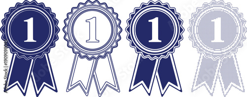 First place award ribbon medal number one badge symbol rosette outline graphic competition winner