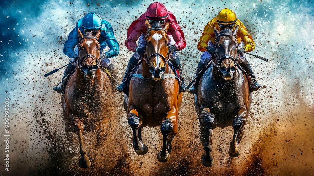 Fototapeta premium Dynamic close-up of three powerful Thoroughbred racehorses and jockeys charging toward finish line, kicking up massive clouds of dirt in thrilling, high-speed competition.