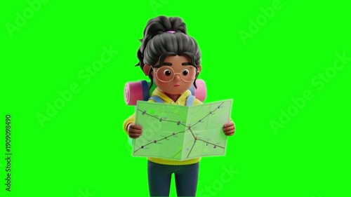 3D Cartoon Female Character Checking Paper Map on Green Screen for Navigation Direction Travel Planning and Adventure Wayfinding Concepts