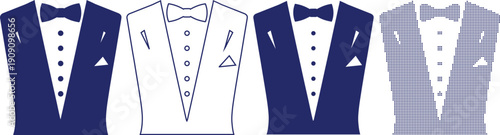 Tuxedo formal suit icon with bow tie and pocket square in solid outline and dotted
