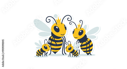 Charming illustration of a happy bee family with crowned parents and cute offspring