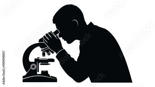 A silhouette of a person intently observing through a microscope. isolated on white background, Vector