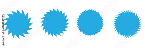 Wavy edge promo red starburst set. Zig zag edge silhouette circle design for price tag, label, sales sticker. Flat vector icon set isolated on white background.