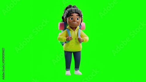 3D Cartoon Female Character Looking Through Binoculars on Green Screen for Vision Strategy Discovery Exploration and Sightseeing Travel Concepts