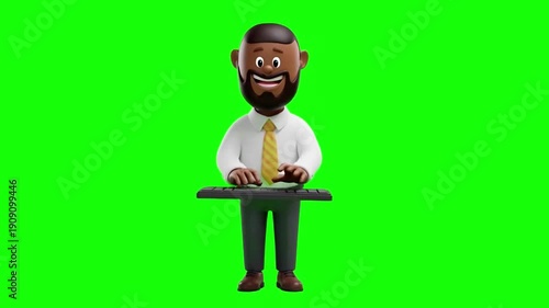 3D Cartoon Male Character with Beard Typing on Invisible Keyboard on Green Screen for Tech Business and Digital Work Concepts