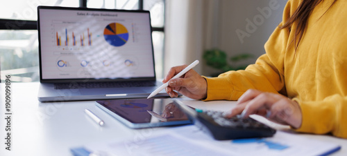 Auditor Reviewing Financial Statement for Accuracy statistical report and discuss financial data in an office
