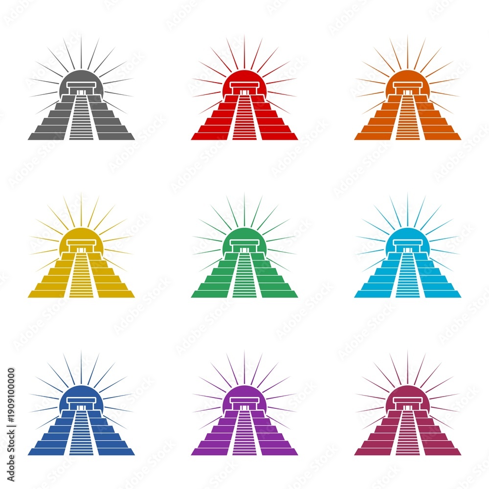Fototapeta premium Maya pyramid icon with sun icon isolated on white background. Set icons colorful