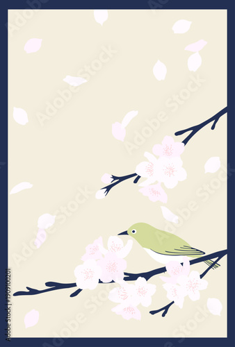 桜とメジロのレトロなベクターイラスト