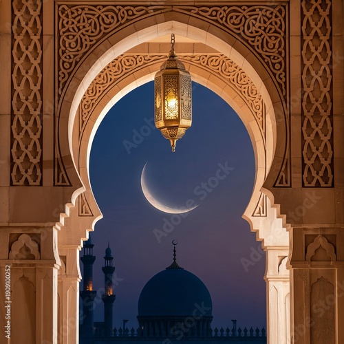 Serene Ramadan Night with Crescent Moon, Glowing Lanterns and Sacred Islamic Atmosphere