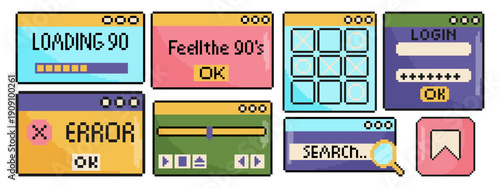 Retro video game interface set. 8 bit pixel art UI and UX elements in 80s and 90s style.