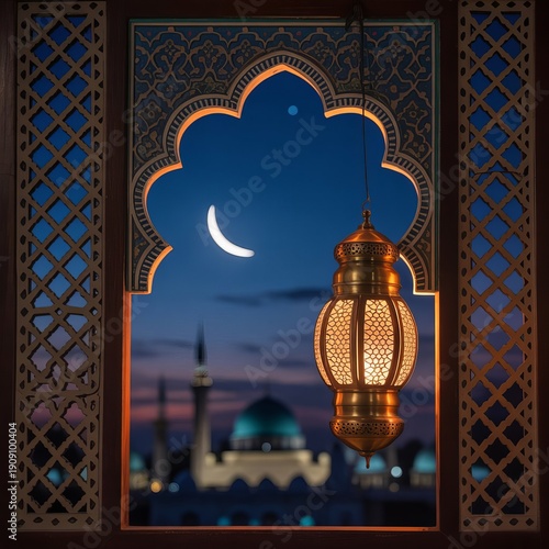 Serene Ramadan Night with Crescent Moon, Glowing Lanterns and Sacred Islamic Atmosphere