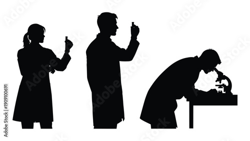 Silhouettes of people engaged in various activities in a laboratory setting. isolated on white background, Vector