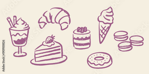 Dessert sweets set doodle vector illustration