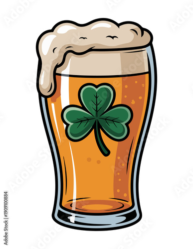 A frothy glass of beer with a clover 