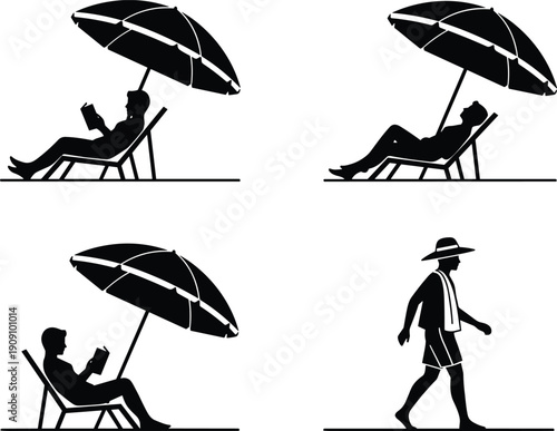 Beach umbrella lounge silhouette set, relaxing sun lounger reading people, summer vacation walking man vector illustration bundle design