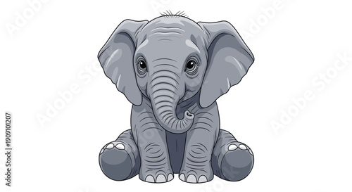 Adorable baby elephant sitting calmly and looking straight ahead with large ears and a small trunk on a plain white background.