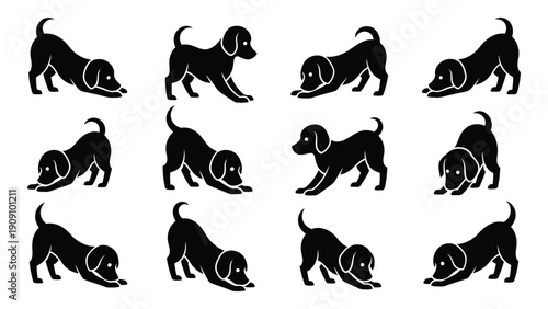Silhouettes of puppies in various playful and resting positions isolated on white background, Vector