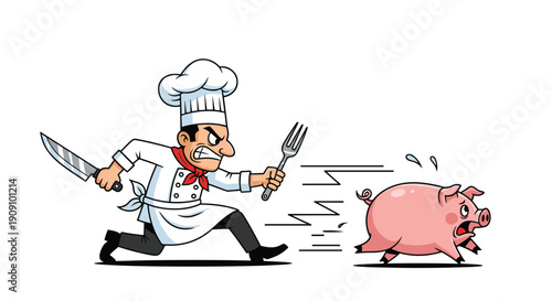 Angry professional chef wearing a white hat and apron chasing a scared pink pig with a large kitchen knife and fork in hand.