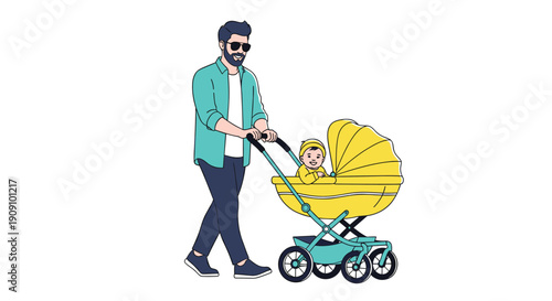 Stylish father wearing sunglasses and a teal shirt pushing his happy baby in a yellow stroller while walking outside together.