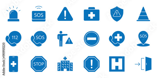 Emergency web blue solid icon set. Evacuation, SOS emergency call, ambulance, help, emergency hotline, exit, collection. 