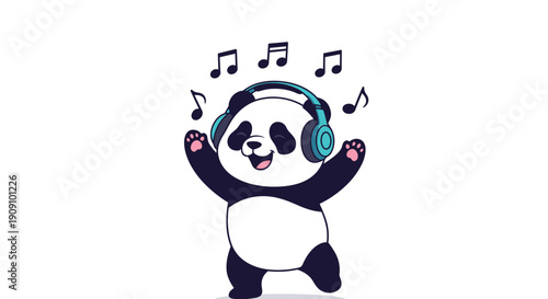 Happy giant panda character dancing and listening to music through teal headphones with musical notes floating in the air.