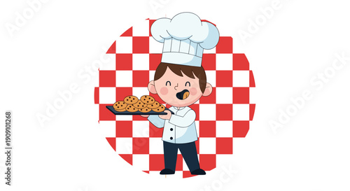 Young boy chef wearing a white uniform and tall hat holding a tray of freshly baked chocolate chip cookies and smiling.