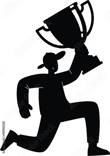 A triumphant athlete running with a large trophy aloft in victory