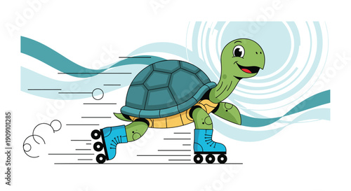 Determined green turtle wearing blue roller skates moving fast with speed lines in the background representing quick motion.