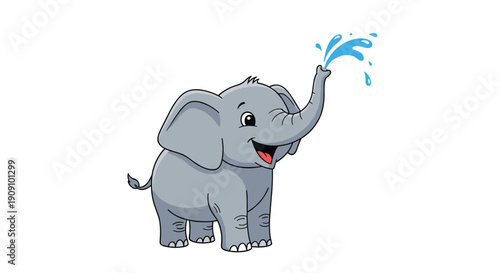 Playful baby elephant standing and spraying a stream of blue water from its trunk while smiling with pure happiness.