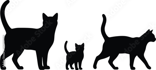 Cat silhouette collection set, black feline pet kitten, standing walking domestic animal vector illustration isolated bundle design clipart