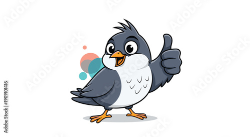 Cheerful grey bird character with big eyes and an orange beak giving a thumbs up sign of happiness and encouragement.