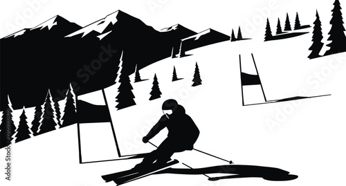 A skier in motion on a snowy slope with trees and mountains in the background