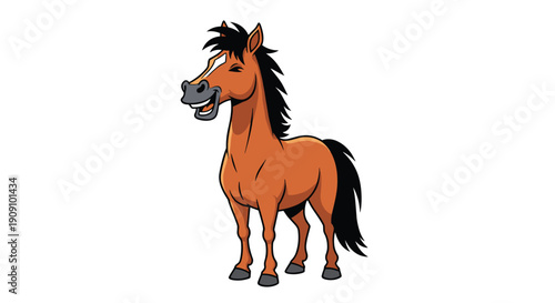 Happy brown horse with a black mane and tail standing and laughing with a wide open mouth on a plain white background.