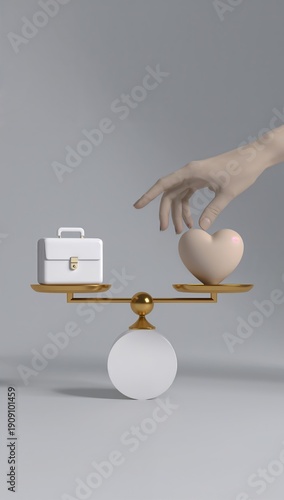 Hand balancing briefcase and heart shape on scales, representing work-life balance