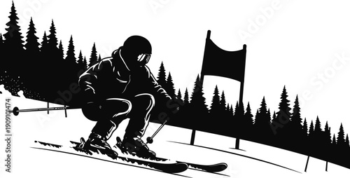 A skier in motion on a snowy slope with a flag and trees in the background