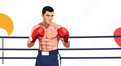Determined male boxer wearing red gloves and blue shorts standing in a boxing ring ready for a match or training session.