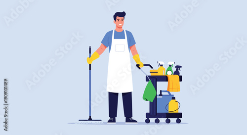 Professional male cleaner wearing an apron and gloves standing next to a cart filled with cleaning supplies and a mop.